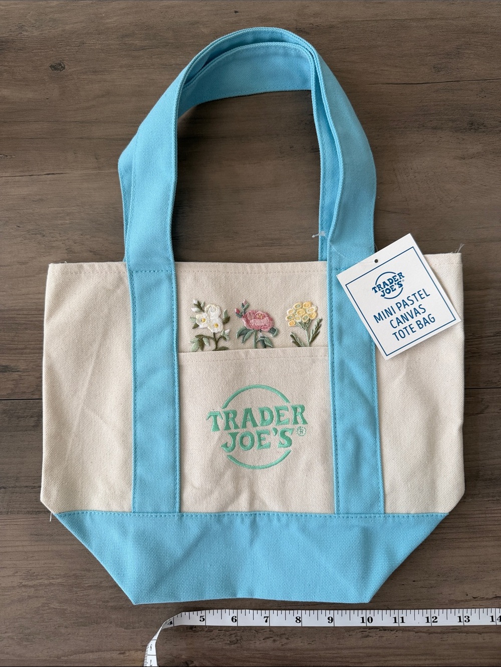 Trade Joe mini canvas tote bag customized NWT baby blue